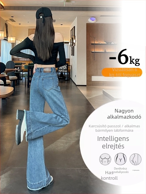 Női magas derekú, enyhén szélesedő szárú farmer, denim, cipzár, rugalmas anyag, tavasz-őszi 2025
