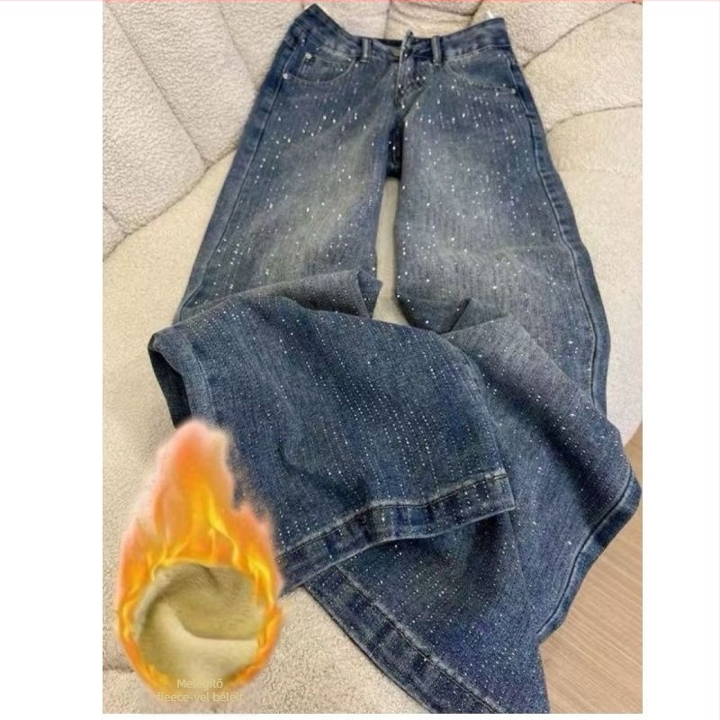 Denim nadrág, magas derekú, egyenes szárú, hosszú, vastag anyag