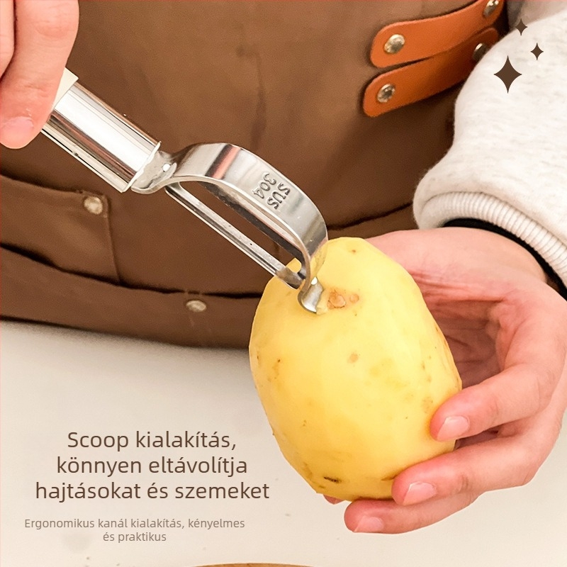 Kétfunkciós gyümölcs-hámozó alma, burgonya és dinnyéhez — rozsdamentes acél pengék (420/410) és PP nyél, logónyomtatási lehetőség, minimalistás dizájn