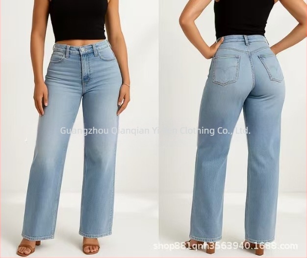 Női egyenes szabású farmernadrág, mosott denim poliészterrel, középmagas derék, magas rugalmasság