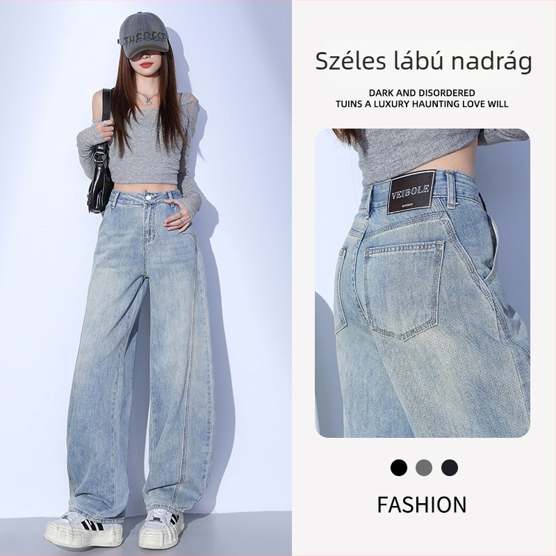 Női denim farmernadrág, magas derék, széles láb, egyenes szabású, 80–90% pamut, poliészter legfeljebb 30%, mosott felület