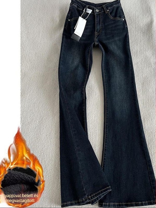 Fekete női denim nadrág béléssel a hűvös időkre, ősz-téli szezonra, alacsony derék, bootcut fazon, elasztikus
