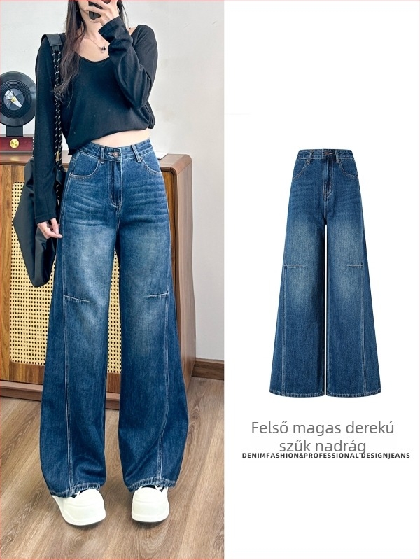 Denim szkimitar nadrág, magas derék, széles szabású, mosott vintage, 2025 ősz kollekció, 80–90% pamut, regenerált cellulóz rost