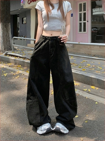Denim nadrág scimitar szabású, magas derék, patchwork részlet, 50–70% pamut
