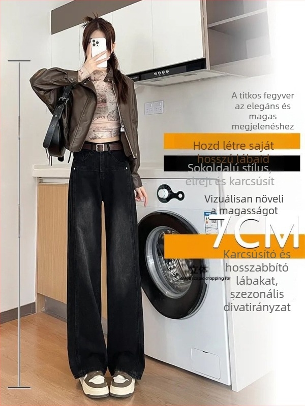 Női denim farmernadrág, magas derékkal, fleece-béléssel, széles szárú, padlóig érő hossz, 3D vágás