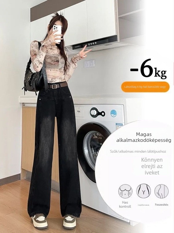 Női denim farmernadrág, magas derékkal, fleece-béléssel, széles szárú, padlóig érő hossz, 3D vágás