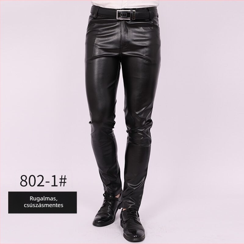 Férfi PU bőrhatású slim-fit nadrág koreai stílusban, tavasz-nyár