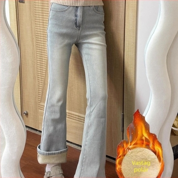 Női farmernadrág fleece-béléssel, világoskék, bootcut fazon, magas derék, rugalmas, karcsúsító vonal, mosott hatás, ősz–téli