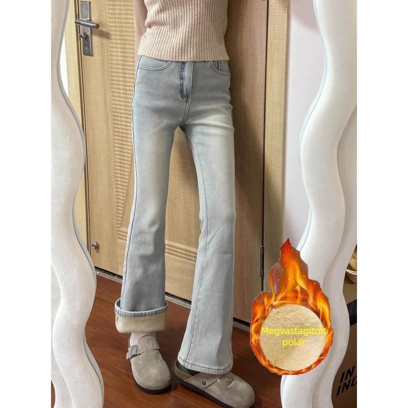 Női farmernadrág fleece-béléssel, világoskék, bootcut fazon, magas derék, rugalmas, karcsúsító vonal, mosott hatás, ősz–téli