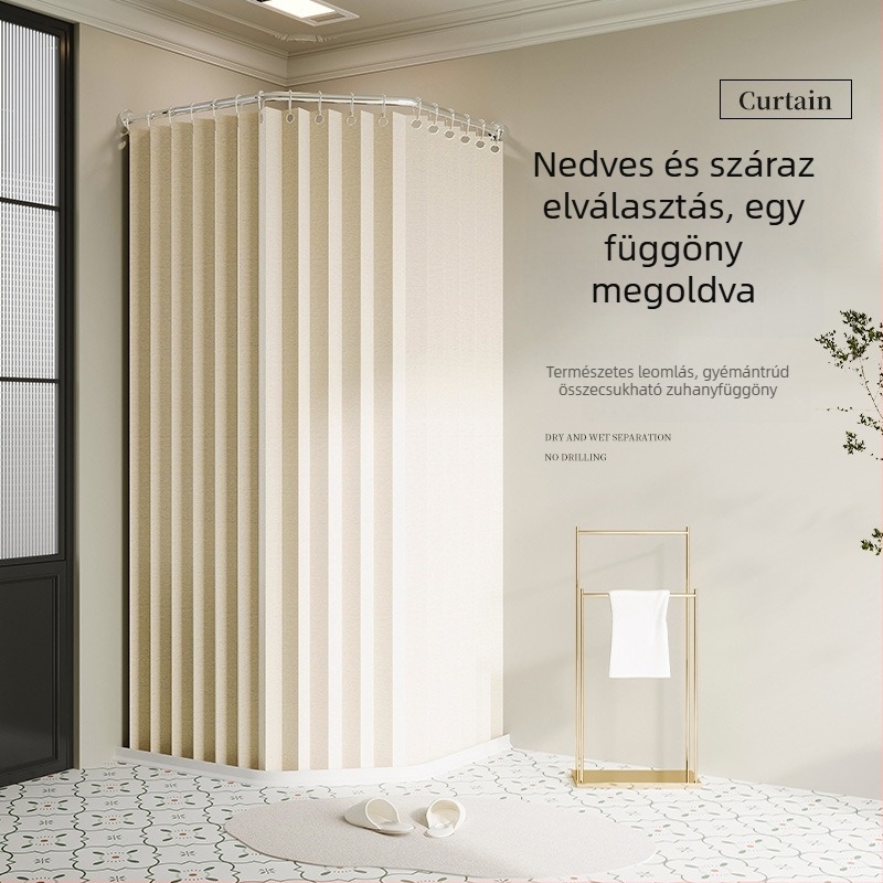 Vízálló zuhanyfüggöny készlet vastagított anyagból, fúrás nélkül, gyémánt mintázat, nedves–száraz elválasztás