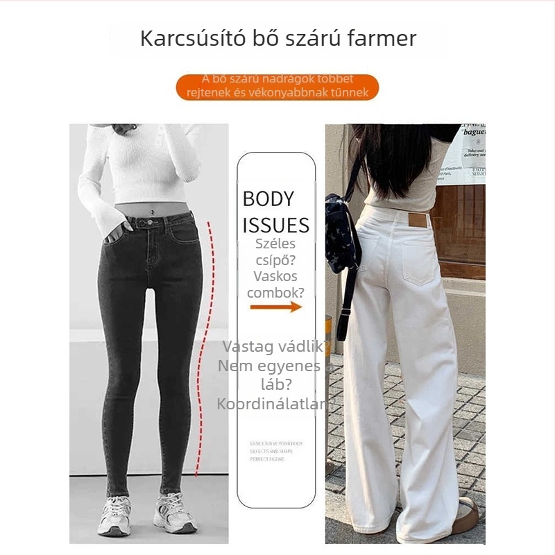 Női fehér farmernadrág, széles lábú, magas derekú, laza fazon, 2025-őszi-téli kollekció, egyenes szár, padlóig érő
