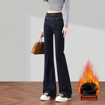 Denim pamutból készült farmernadrág vastag bélésével, magas derekú, micro flared szabás, hosszú nadrág nőknek