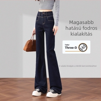 Denim pamutból készült farmernadrág vastag bélésével, magas derekú, micro flared szabás, hosszú nadrág nőknek