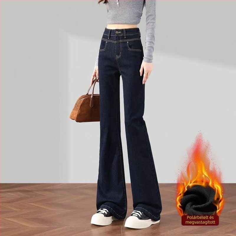 Denim pamutból készült farmernadrág vastag bélésével, magas derekú, micro flared szabás, hosszú nadrág nőknek