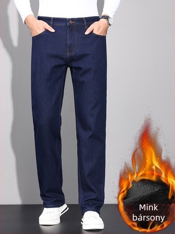 Férfi farmernadrág - laza szabású egyenes fazon, magas derekú, cipzár, fleece bélés, 72.7% pamut