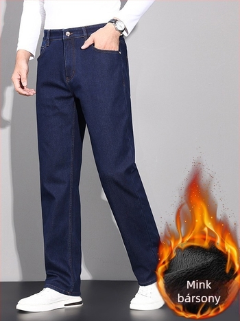 Férfi farmernadrág - laza szabású egyenes fazon, magas derekú, cipzár, fleece bélés, 72.7% pamut