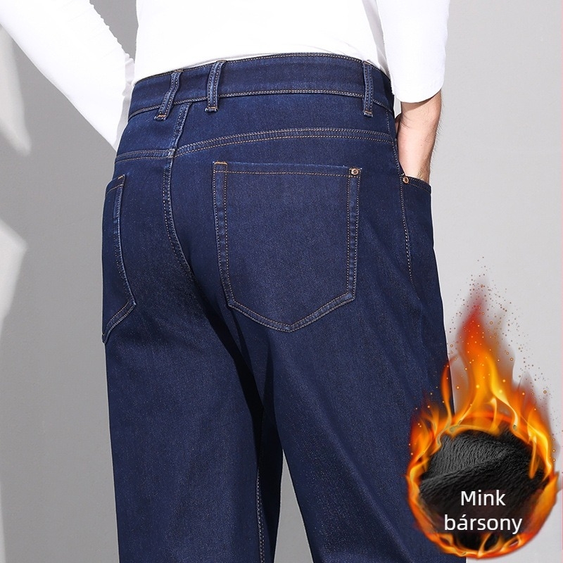 Férfi farmernadrág - laza szabású egyenes fazon, magas derekú, cipzár, fleece bélés, 72.7% pamut