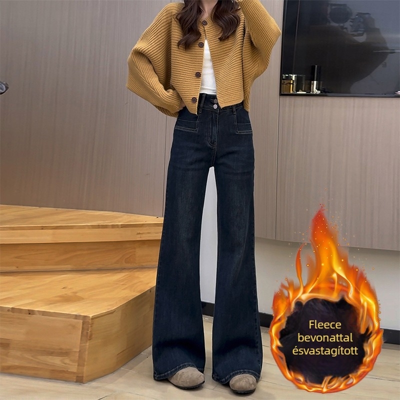 Denim nadrág magas derékkal, egyenes szabású, mikroflare, fleece-betétes