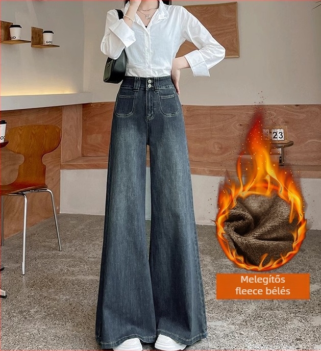 Magas derekú farmernadrág, széles egyenes szabású, fleece-béléssel, vastag denim, 50–70% pamut, 2025 tavasz