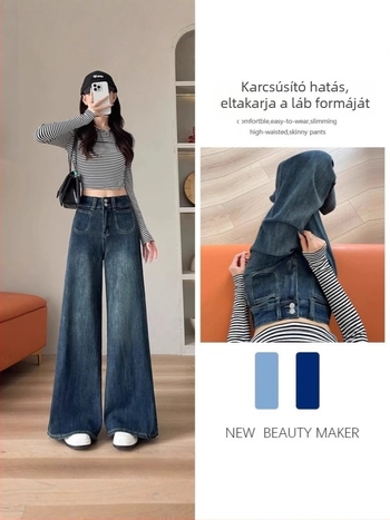 Női vintage kék farmer, széles lábú, magas derék, laza szabás, hosszú nadrág, ősz 2025