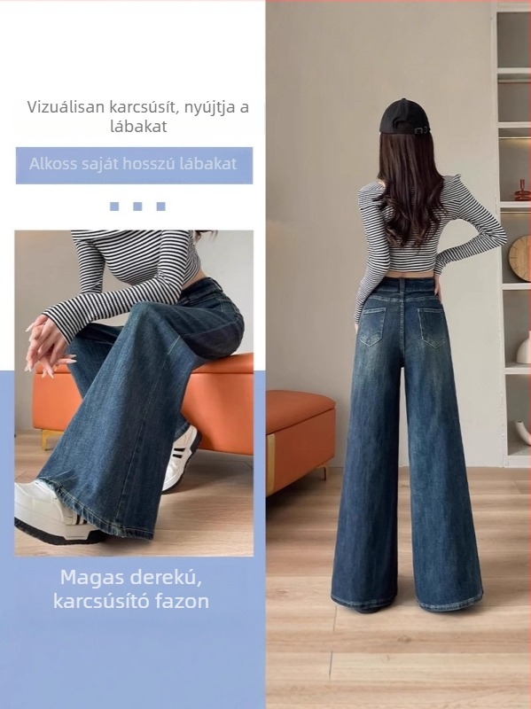 Női vintage kék farmer, széles lábú, magas derék, laza szabás, hosszú nadrág, ősz 2025
