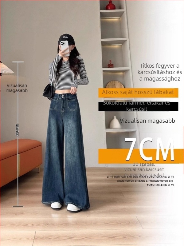 Női vintage kék farmer, széles lábú, magas derék, laza szabás, hosszú nadrág, ősz 2025