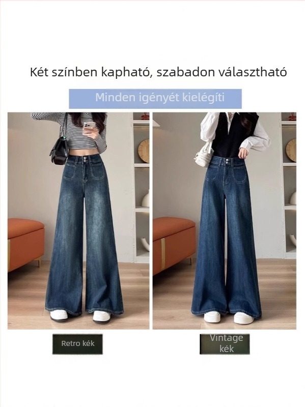 Női vintage kék farmer, széles lábú, magas derék, laza szabás, hosszú nadrág, ősz 2025