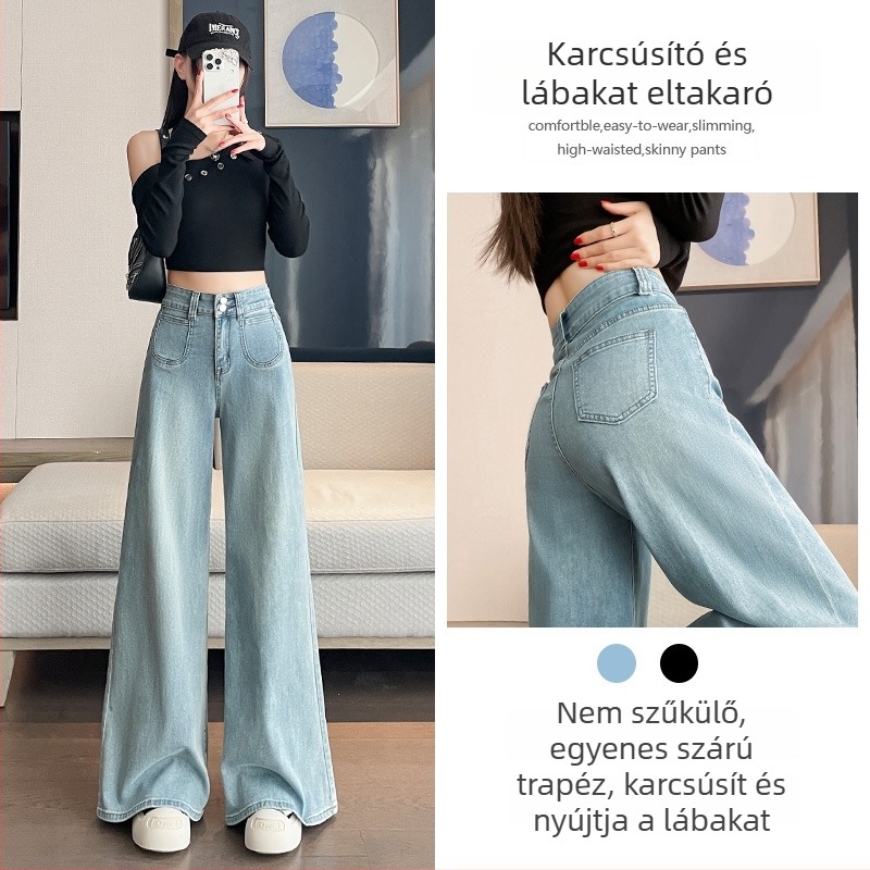 Női vintage kék farmer, széles lábú, magas derék, laza szabás, hosszú nadrág, ősz 2025