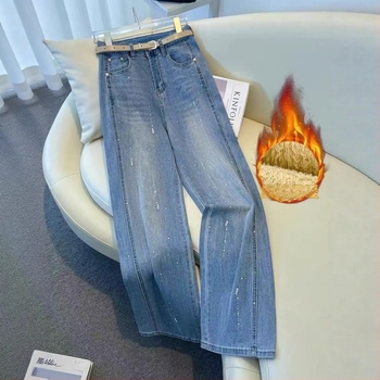 Női rhinestone farmernadrág, magas derekú, világoskék, kényelmes, egyenes szabású, casual, hosszú nadrág