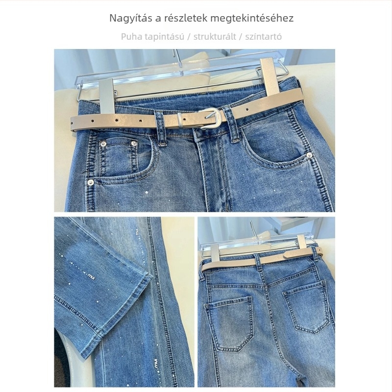 Női rhinestone farmernadrág, magas derekú, világoskék, kényelmes, egyenes szabású, casual, hosszú nadrág