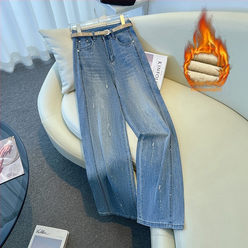 Női rhinestone farmernadrág, magas derekú, világoskék, kényelmes, egyenes szabású, casual, hosszú nadrág