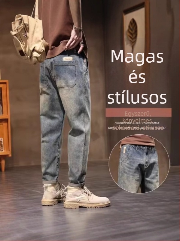Férfi cropolt egyenes szabású farmernadrág, pamut-denim anyag, középmagas derék, vízmosott felülettel