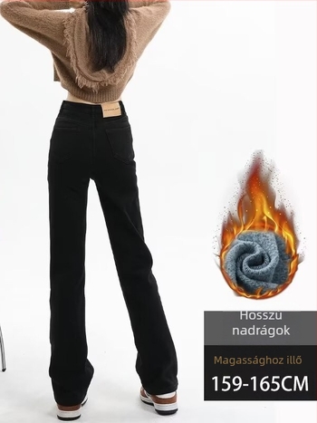 Női magas derekú fleece-sel bélelt farmernadrág, egyenes szabás, denim, téli 2024