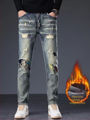 Férfi denimnadrág hímzéssel, fleece-belelt, egyenes szabású, kopott patch-ekkel