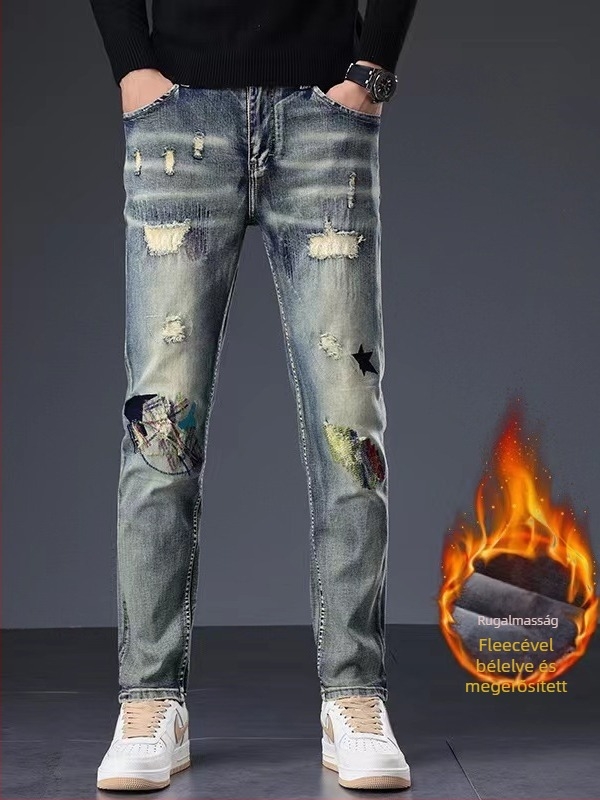 Férfi denimnadrág hímzéssel, fleece-belelt, egyenes szabású, kopott patch-ekkel