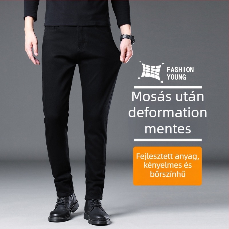 Férfi farmer, egyenes szabású, középmagas derék, cipzár, mikroelasztikus denim (80% pamut, 18% poliészter, 2% spandex)