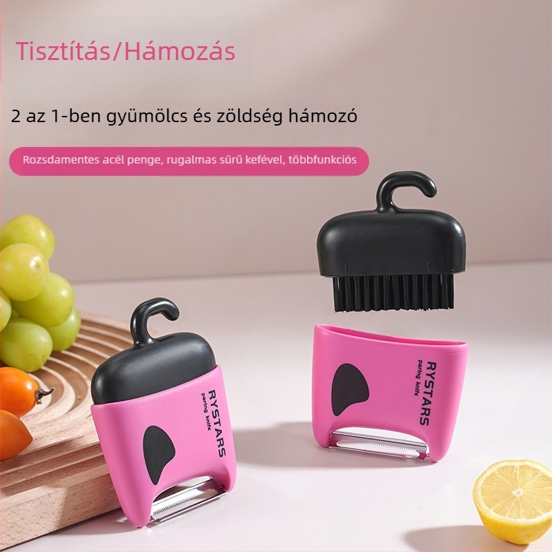 Két az egyben hámozó kés és zöldség-gyümölcs tisztító kefe, multifunkcionális tisztító eszköz, anyagok: ABS, TPR, rozsdamentes acél