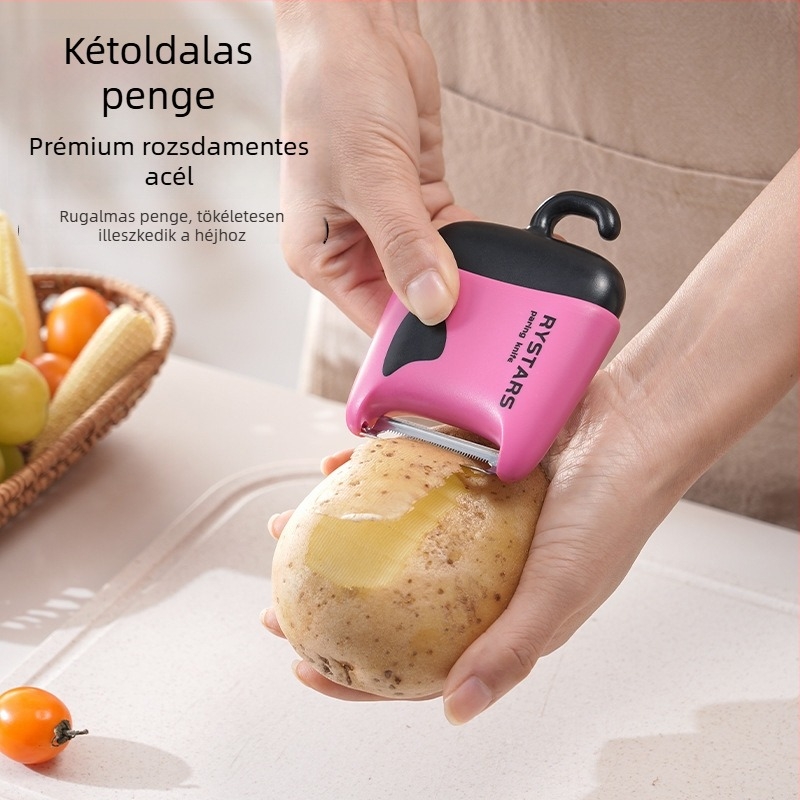 Két az egyben hámozó kés és zöldség-gyümölcs tisztító kefe, multifunkcionális tisztító eszköz, anyagok: ABS, TPR, rozsdamentes acél