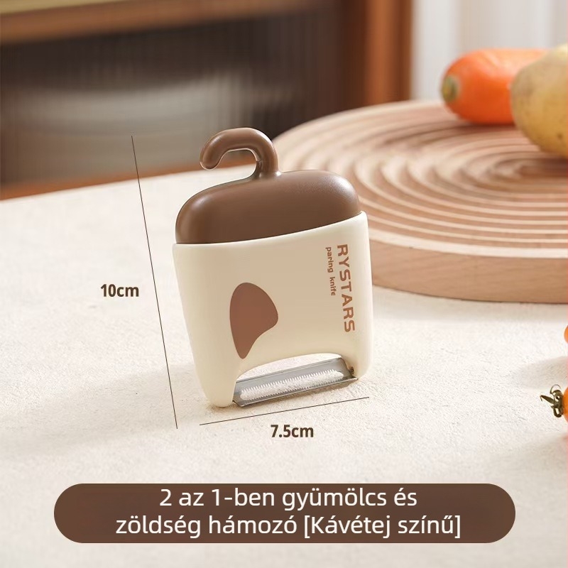 Két az egyben hámozó kés és zöldség-gyümölcs tisztító kefe, multifunkcionális tisztító eszköz, anyagok: ABS, TPR, rozsdamentes acél