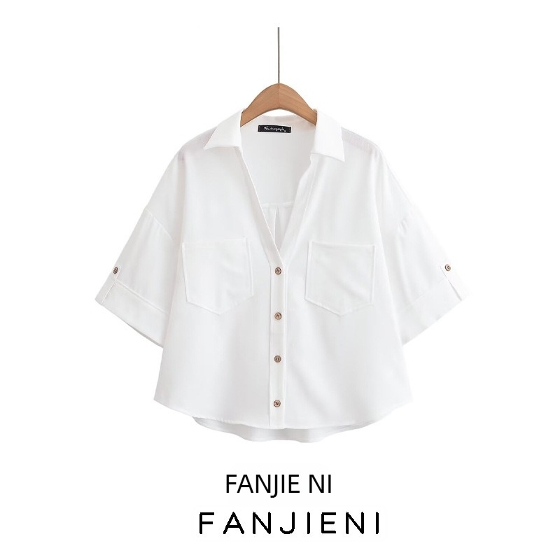 Női ing V-nyakkal, rövid ujjú, poliészter rostos keverék, poliészter tartalom 30–50%, street hipster stílus