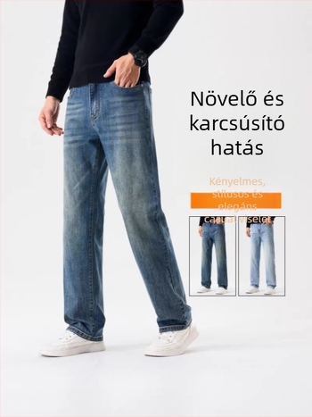 Farmernadrág, egyenes szabású, magas derék, enyhe rugalmasság, pamut-spandex keverék, homokos mosás