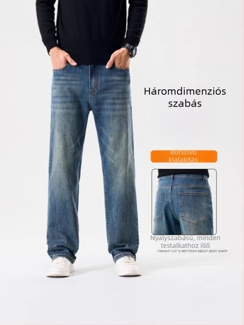 Farmernadrág, egyenes szabású, magas derék, enyhe rugalmasság, pamut-spandex keverék, homokos mosás