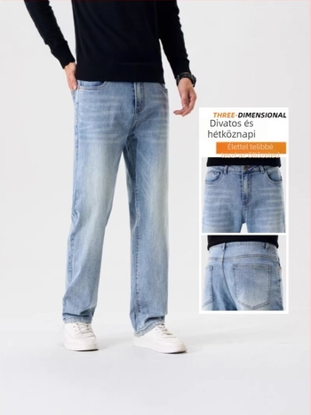 Farmernadrág, egyenes szabású, magas derék, enyhe rugalmasság, pamut-spandex keverék, homokos mosás