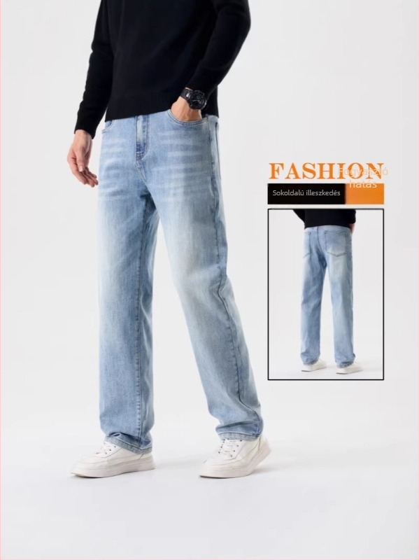 Farmernadrág, egyenes szabású, magas derék, enyhe rugalmasság, pamut-spandex keverék, homokos mosás