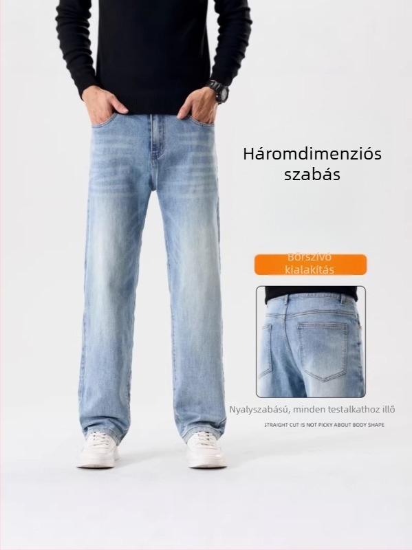 Farmernadrág, egyenes szabású, magas derék, enyhe rugalmasság, pamut-spandex keverék, homokos mosás