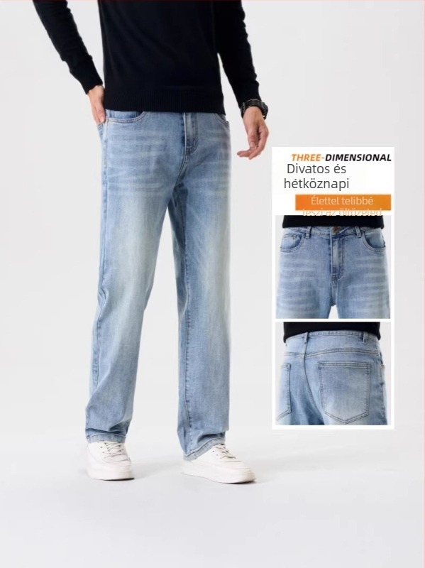 Farmernadrág, egyenes szabású, magas derék, enyhe rugalmasság, pamut-spandex keverék, homokos mosás