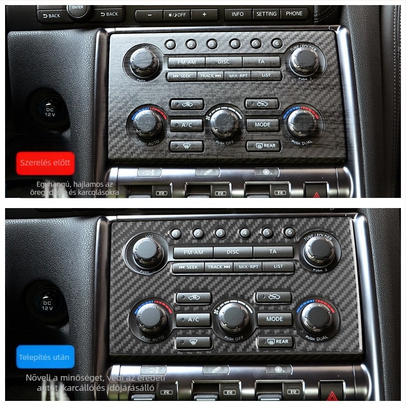 Nissan GTR R35 belső középkonzol panel karbonszálas díszítő kiegészítő ragasztóval; logó nyomtatás lehetséges; testreszabás elérhető