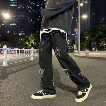 Férfi oversized farmernadrág – egyenes szabás, kézzel rajzolt mintával, reguláris denim, 65% pamut, tavasz