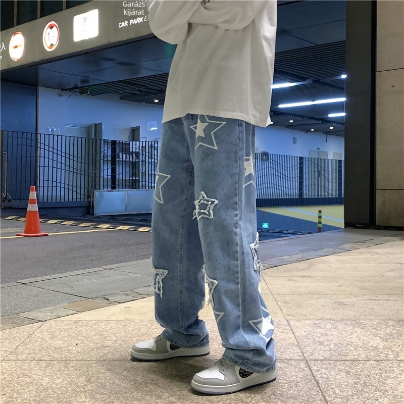 Férfi oversized farmernadrág – egyenes szabás, kézzel rajzolt mintával, reguláris denim, 65% pamut, tavasz