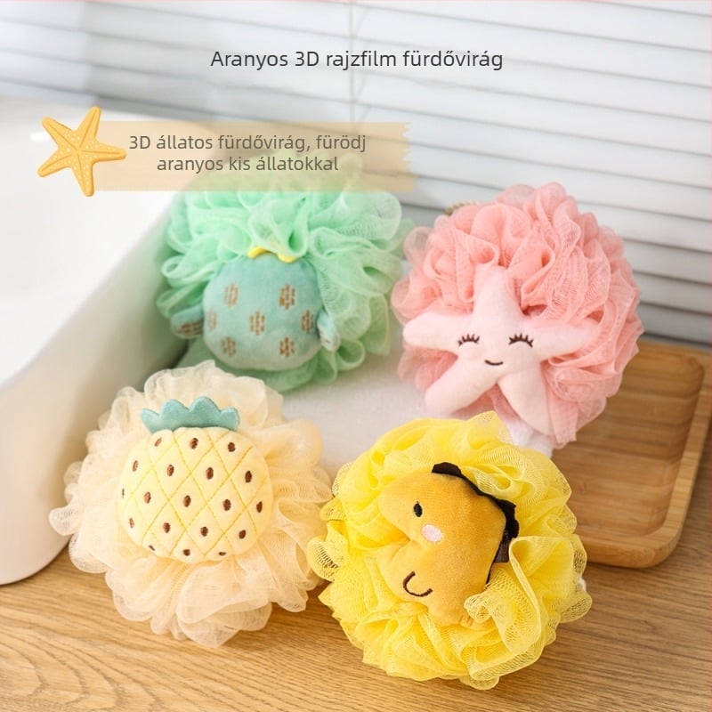 Koreai gyümölcsös stílusú ultra-soft fürdőgolyó, virág alakú, gyengéd dörzsöléshez, aranyos mesefilm-dizájn